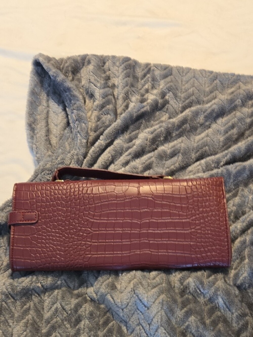 Croc-Embossed Barrel Wristlet Clutch in Deep Burgundy with Gold Hardware - Picture 7 of 7